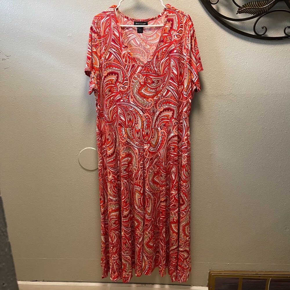 Ashley Stewart Paisley Print Dress 22/24 Vibrant Red & Orange‎ short sleeves